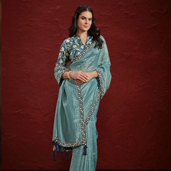 Aqua Blue Paper Silk Pleated Readymade Saree - Picture 1 of 4
